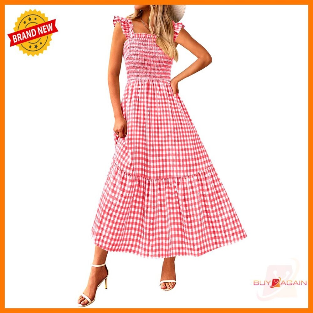 Summer Square Neck Smocked Midi Dress Ruffle Strap Gingham Flowy A-Line